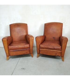 Coppia di poltrone club francese in cuoio cognac vintage 