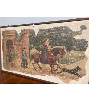 Antico  DIPINTO strappo d’ affresco raffiguranti Nobili a Cavallo e Castello . Umberto Giunti Siena. Epoca XX SEC MIS 131 X 74 