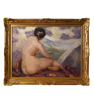 DIPINTI NUDITA' FEMMINILE, ART DECO, QUADRI DI NUDI DI DONNA CON FIOCCO ROSA, DEL 1900. (QN554)