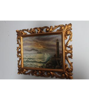 Antico dipinto su tavola raffigurante Marina con faro . 1940 firmato in cornice dorata . mis 56 x 46 