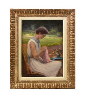 QUADRI ANTICHI, RITRATTI DI DONNA CHE CUCE IN GIARDINO, METÀ DEL NOVECENTO. (QR577)