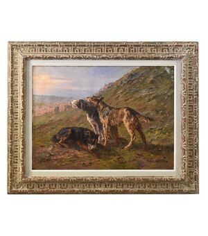 QUADRO ANTICO DI CANI PASTORI, MARIE CALVES,  DIPINTI DI CANI, XX SECOLO. (QA585)