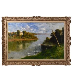 QUADRO ANTICO PAESAGGIO, OLIO SU TELA, PAESAGGIO CON FIUME, XX SECOLO. (QP586)