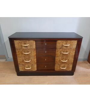 Comò art deco razionalista in radica chiara e palissandro anni 1940