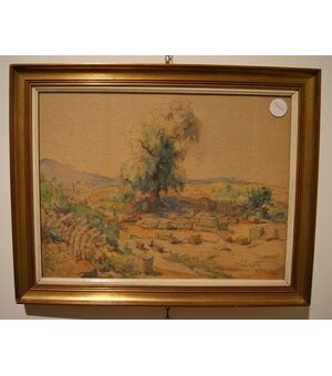 Pastello su cartoncino di inizio 1900 raffigurante rovine di R. Ruberti