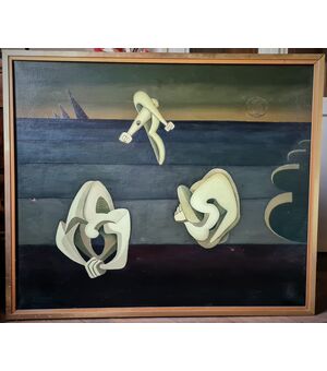 Dipinto surrealista di Andrea Raccagni, 1921-2005. 