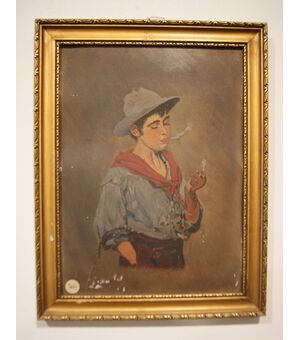 Antico quadro olio su cartoncino raffigurante ragazzo con sigaretta del 1900