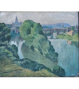 Paesaggio francese Veduta di Montauban olio su tela