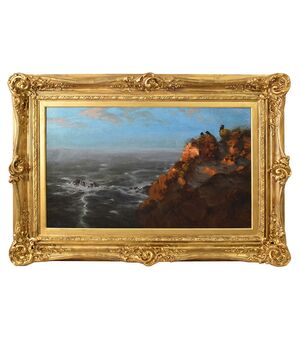 QUADRI ANTICHI, GRANDE MARINA CON CORVI E SCOGLIO, OLIO SU TELA, INIZIO XX SECOLO. (QM606)