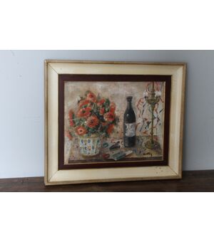 Antico dipinto olio su tela . Liberty Natura morta scuola italiana firmato . Mis 68 x 59 