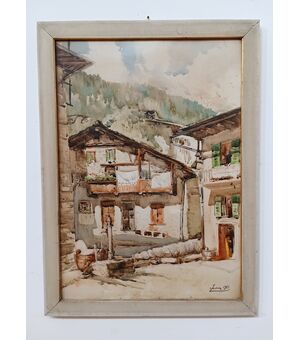 Quadro acquarello su carta " Baite Valtellinesi" - Alta Valtellina - datato 1951