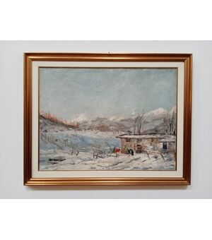 Quadro - Dipinto paesaggio montano innevato- autore Francesco Carini - 1950 ca