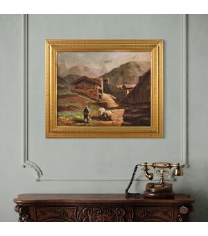Dipinto firmato paesaggio con pastore del XX secolo