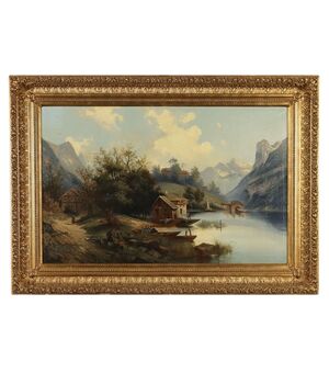 Dipinto Paesaggio con Casa sul Lago
