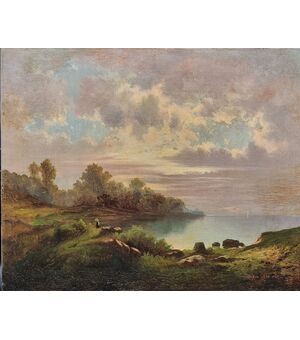 Edmond Van der Haeghen (Belgio 1836 - 1919)  "Paesaggio lacustre al tramonto" olio su tela (cm 55x68) Firmato in basso a destra