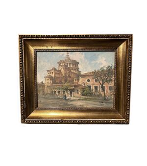 Coppia di Oli su Tavola Italiani Firmati Fortunato Zangli (1899-1972) Scorci di Milano