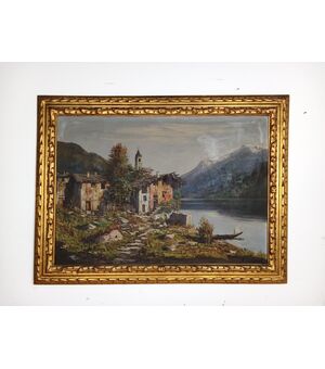 Quadro olio su tela paesaggio montano con lago e montagne-primi '900-118x88 cm!!