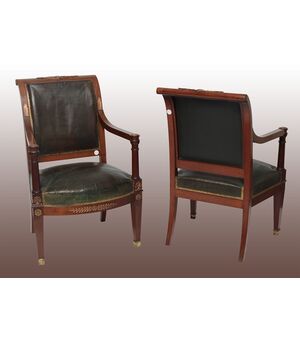 Antiche coppia di poltrone francesi stile Impero del 1800 in legno di mogano con bronzi 