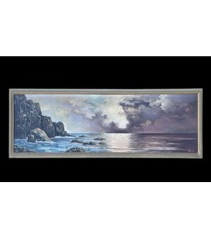 Dipinto olio su tavola con scena marina.Firmato.