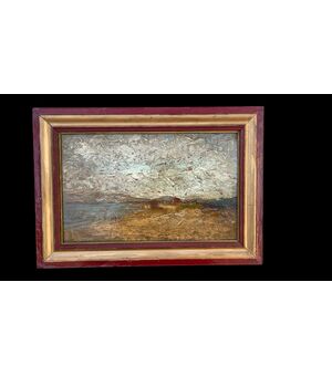 Dipinto olio su tavola con scena di paesaggio con architetture e marina. Valentino Serra.