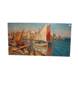 Olio su Tavola Francese Raffigurante Marina L. Gontard - Barche in laguna