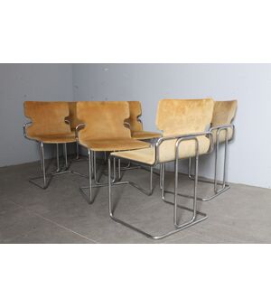 Gruppo sei sedie Willy Rizzo anni 70 In metallo e Alcantara. Design – Modernariato 