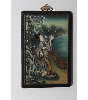 Antico dipinto su vetro Geisha Giapponese primi 900 . Mis 52 x 35 