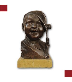 BRONZETTO BAMBINO CON CUFFIA P. PIRAINO INIZI XX SECOLO