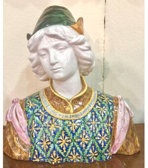 Bust in polychrome majolica with Renaissance male figure.Manufactured by Angelo Minghetti.Bologna.     