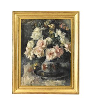 QUADRI ANTICHI, NATURA MORTA CON FIORI DI ROSE, OLIO SU TELA, ART DECO, XX SECOLO. (QF614)