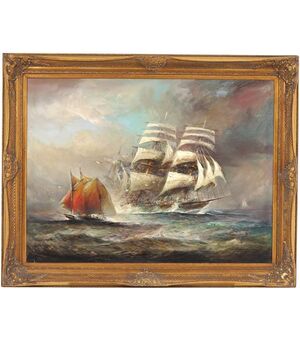 Veliero in Mare di Herman Conrad: Olio su Tela 120x90 cm, Napoli 1935