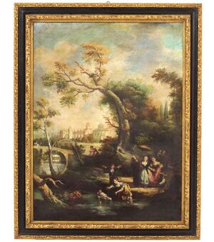 Fanciulle sul Fiume: Dipinto Olio su Tela 100x130 cm del XX Secolo