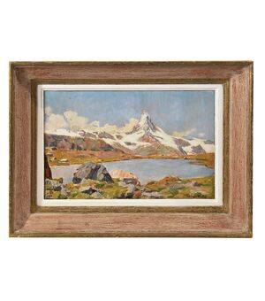 QUADRI PAESAGGI DI MONTAGNA, MONTE CERVINO, ALPI INNEVATE, OLIO SU CARTONE, XX. (QP621)