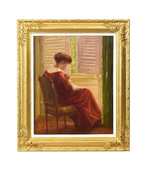 QUADRI ANTICHI, RITRATTI DI DONNA CHE CUCE, OLIO SU TELA, EPOCA NOVECENTO. (QR604)