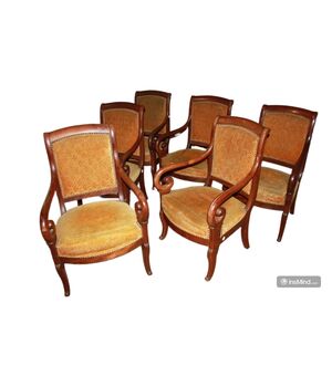 Gruppo di 6 Poltrone Francesi Stile Direttorio In Legno di Mogano XIX secolo
