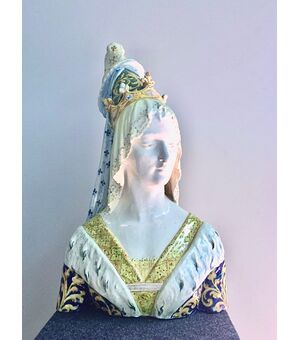 Grande busto in maiolica con figura femminile  rinascimentale ,manifattura di Angelo Minghetti Bologna 