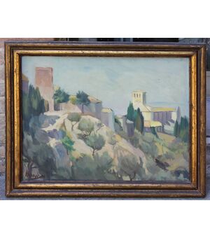 Oil on panel painting depicting the city glimpse of Assisi and the Basilica of St. Francis signed Mario M.