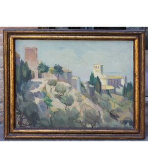 Dipinto olio su tavoletta raffigurante scorcio della città di Assisi e la Basilica di S. Francesco firmato Mario M.