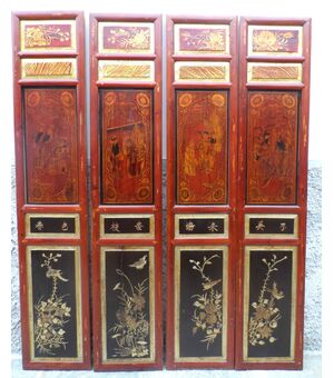 8 series of eight Chinese carved panels, gilt and paintings
