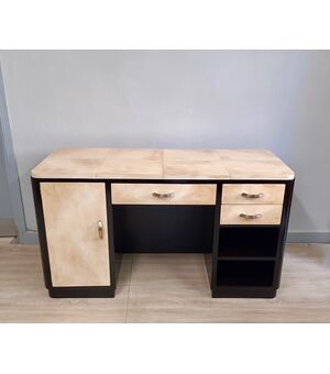 SCRIVANIA CATTEDRA ART DECO IN LEGNO LACCATO NERO E PERGAMENA 1930-40
