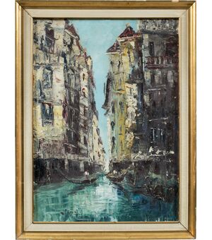 Pittore veneziano (inizi XX sec.) - Veduta di Venezia con canale e gondole.