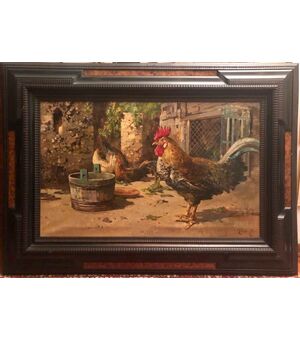 Oil painting on canvas Rooster and chickens in a chicken coop.Firma Giordano Felice.Napoli (1880-1964)     
