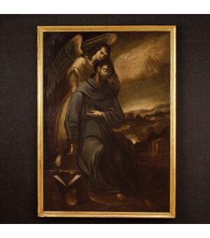 Antique Spanish religious painting St. Francis with angel from 17th century