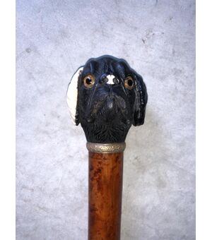 Bastone con pomolo raffigurante testa di cane in ebano .Canna in malacca.