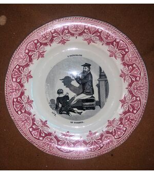 Earthenware plate with decal decoration. Inscription: L&#39;ombromanie.Francia     