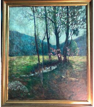 Oil painting on canvas with rural landscape.Italy     