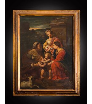  Dipinto antico olio su tela raffigurante "La Sacra Famiglia". Francia inizio XIX secolo.