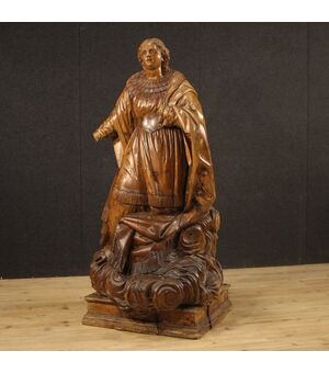 Antique German wooden sculpture depicting Saint on a cloud from 18th century
