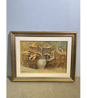 RENZO BUONGIORNO, DIPINTO NATURA MORTA OLIO SU TELA, XX SEC., vaso fiori