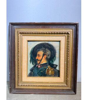 Antico dipinto raffigurante Bersagliere, olio su tavola, primi '900, mis 34x32 cm